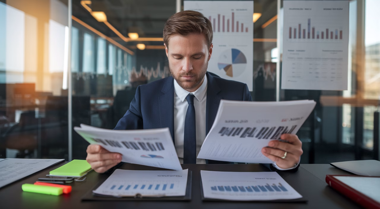 Investor reviewing analyst recommendations Investor at desk reviewing analyst reports