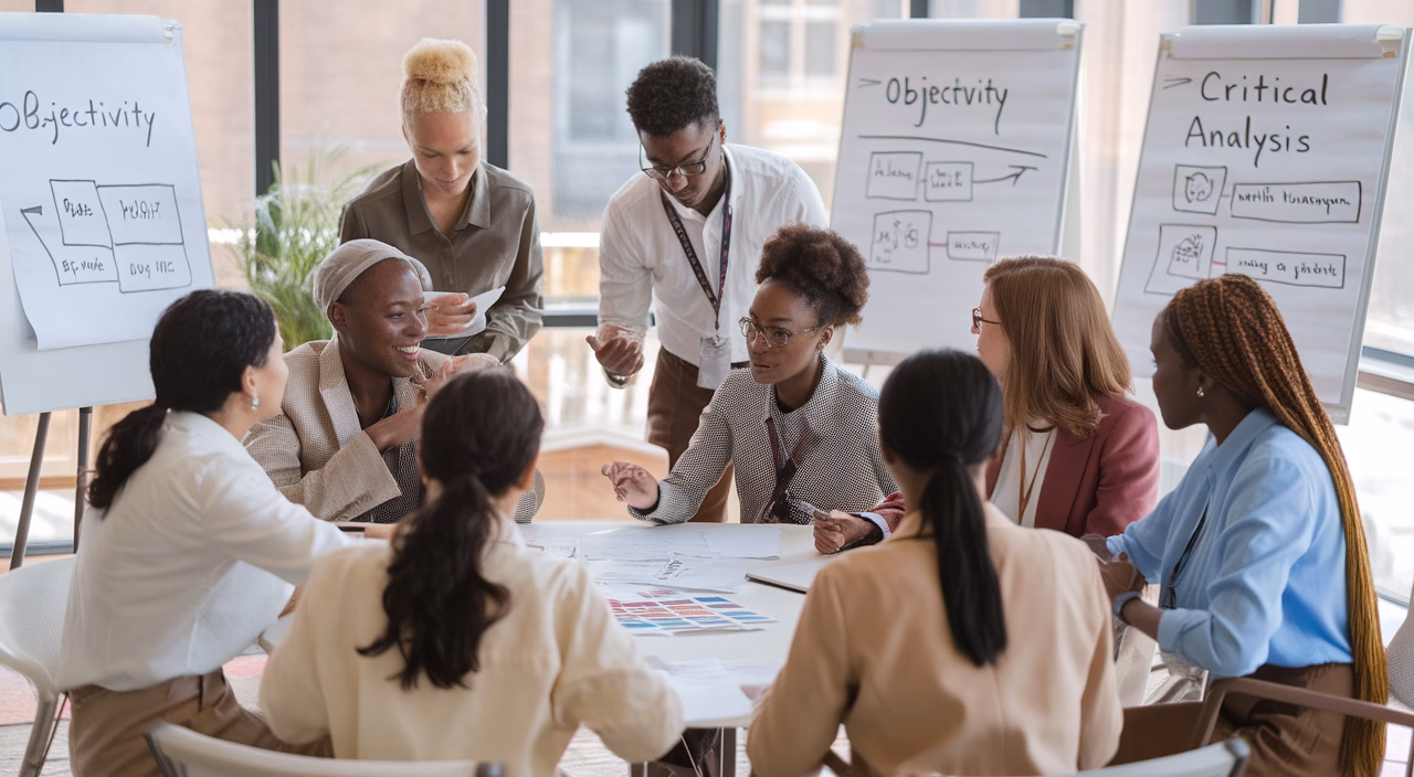 Team meeting for bias reduction strategies Team discussing ways to reduce bias